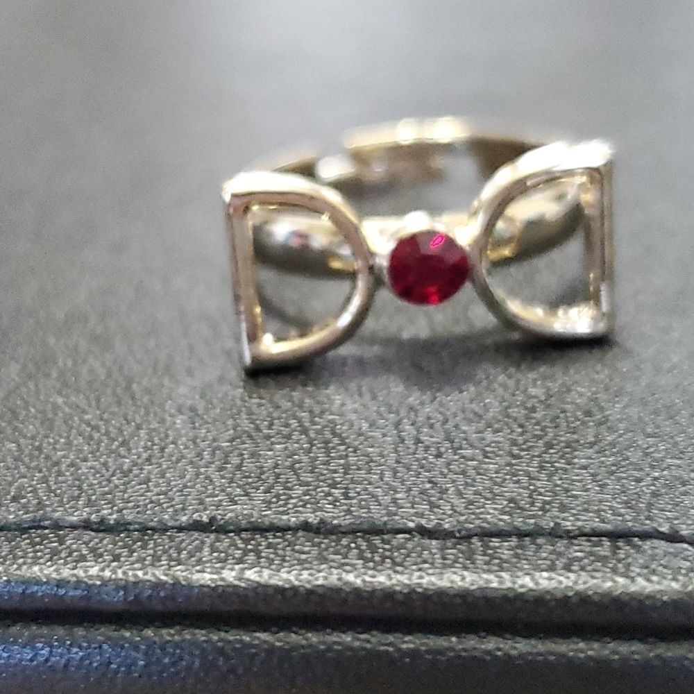 Gold tone red rhinestone bow ring adjustable